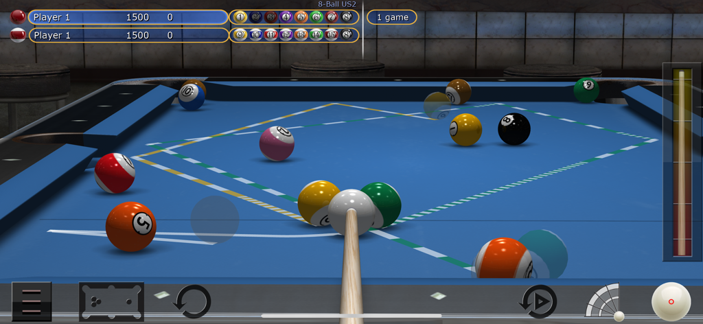 Virtual Pool 3D gameplay featuring realistic aiming trajectories and physics on a blue table