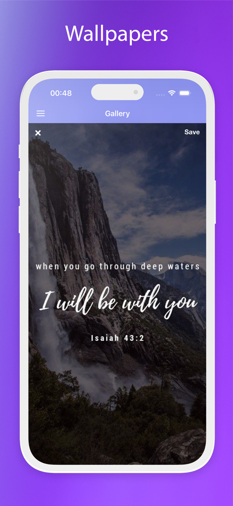 Library Online 2026 - Library Online 2026 app gallery showing a scripture wallpaper with Isaiah 43 2 over a mountain waterfall