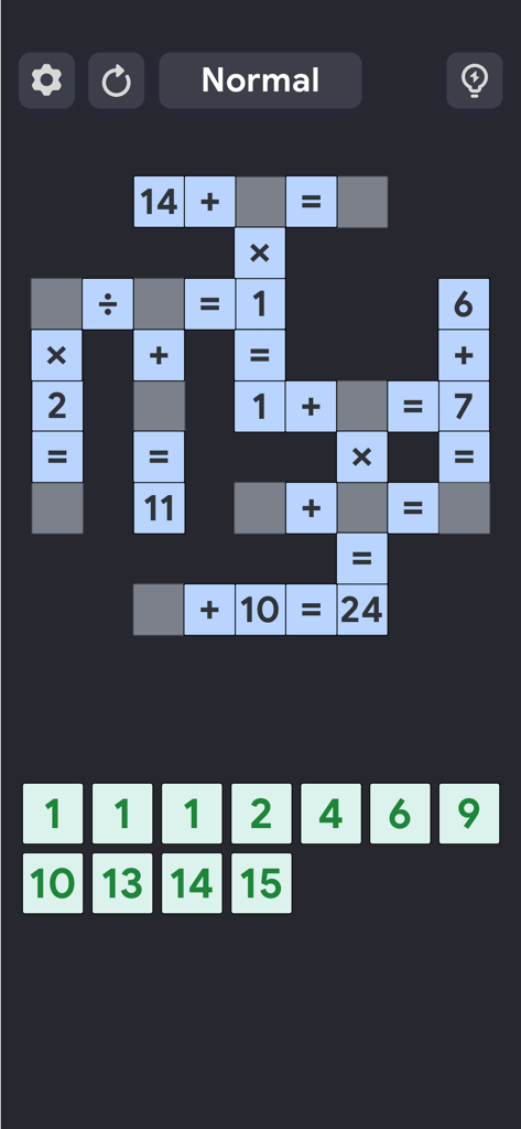 Crossmath Games - Math Puzzle - A math crossword puzzle grid featuring large fonts and arithmetic equations with number tiles below.