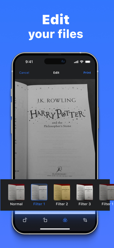 Air Printer - Smart Print App - Edição de um documento digitalizado com filtros e opções de corte no aplicativo Air Printer para iPhone.