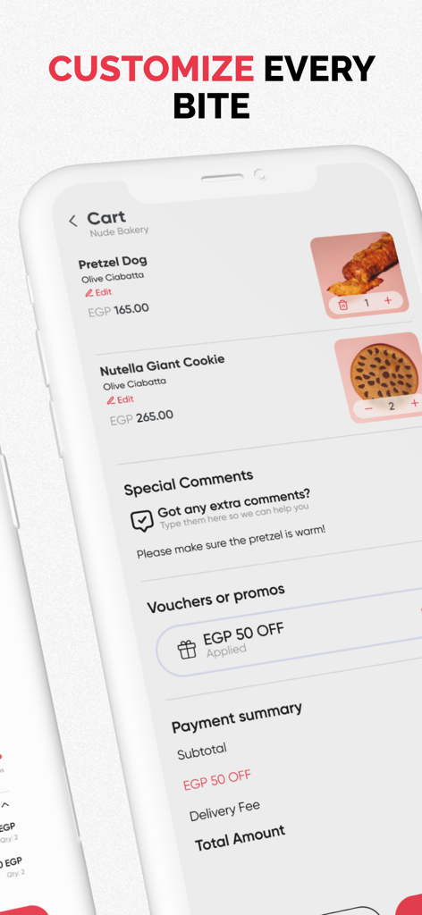 EZeats: A New Food Experience - EZeats app cart screen showing food order customization with a special comment and applied discount voucher