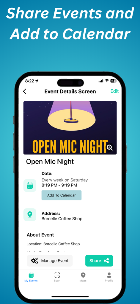 Smartphone-Anzeige der Poster-AI-App mit Details zu einem Open-Mic-Nacht-Event, einschließlich Datum, Ort und Optionen zum Teilen oder Hinzufügen zum Kalender