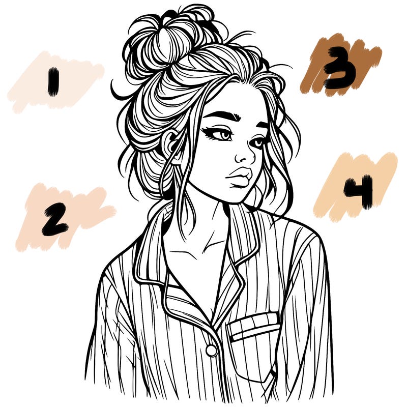 realistic woman with pajamas on and a messy bun