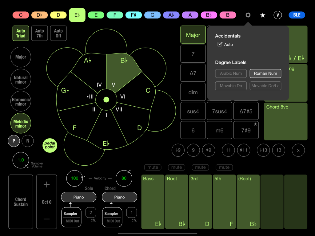 Chordy 2 - Chordy 2 music production interface on iPad featuring a chord wheel and MIDI settings.