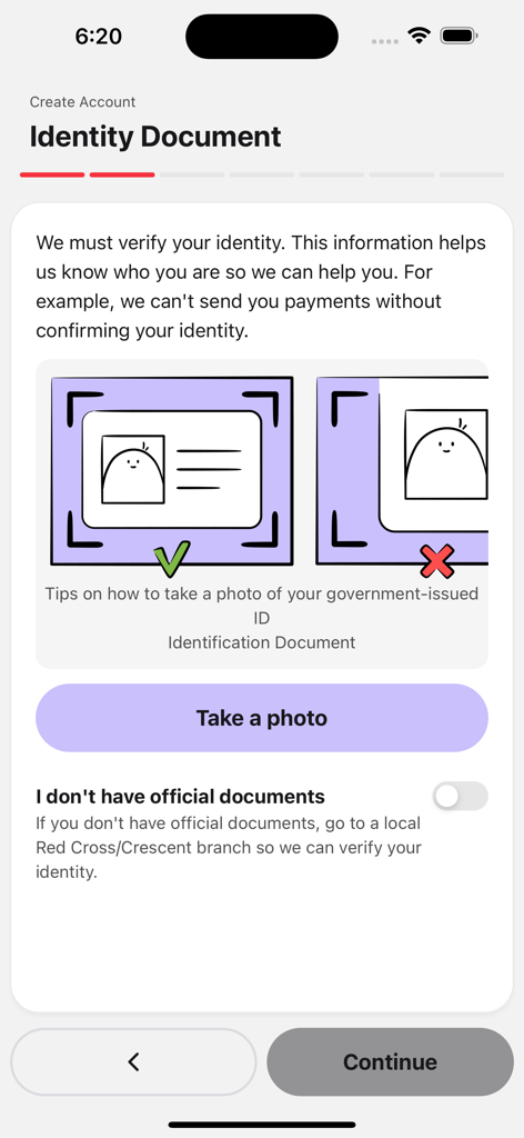 AccessRC - AccessRCアプリの本人確認書類アップロード画面。政府発行のIDの写真を撮るための指示が表示されています。