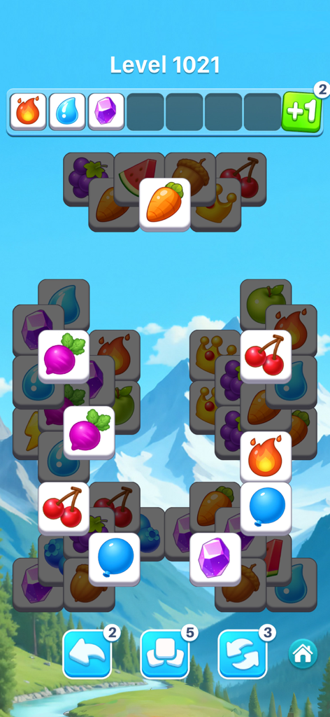 Gameplay screenshot of Happy Makeover showing a tile matching puzzle level with colorful icons against a scenic mountain backdrop