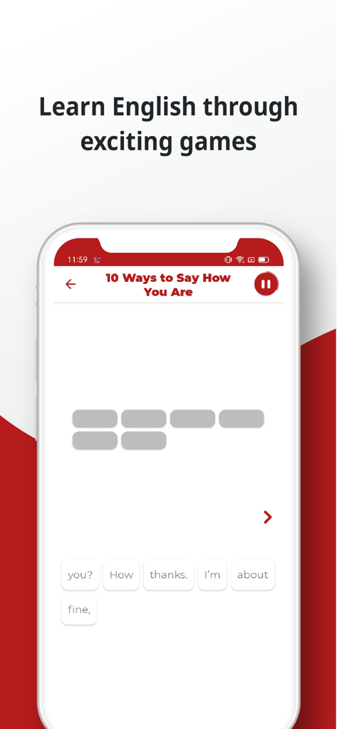 English ー Listening・Speaking - Pantalla de una aplicación móvil que muestra un juego de construcción de oraciones para practicar la conversación en inglés