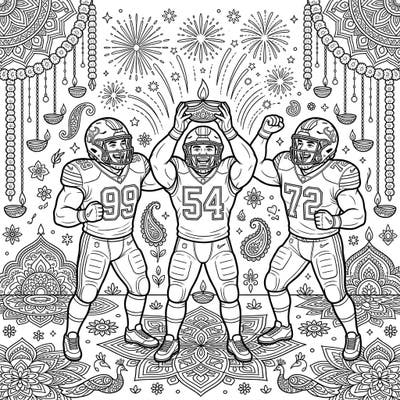 Get ready to celebrate Diwali with a unique twist featuring your favorite defensive linemen! This exciting coloring page blends the power of football with the vibrant traditions of the Festival of Lights.