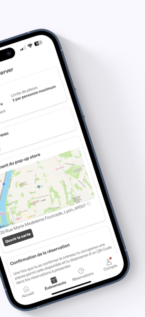 Dressed - Ein Smartphone, das die Dressed-App anzeigt, mit einer Karte, die einen Pop-up-Store-Standort und Reservierungsdetails zeigt.