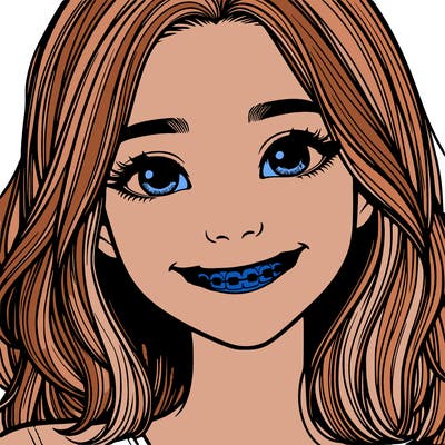 a girl with braces smiling with freckles realistic
