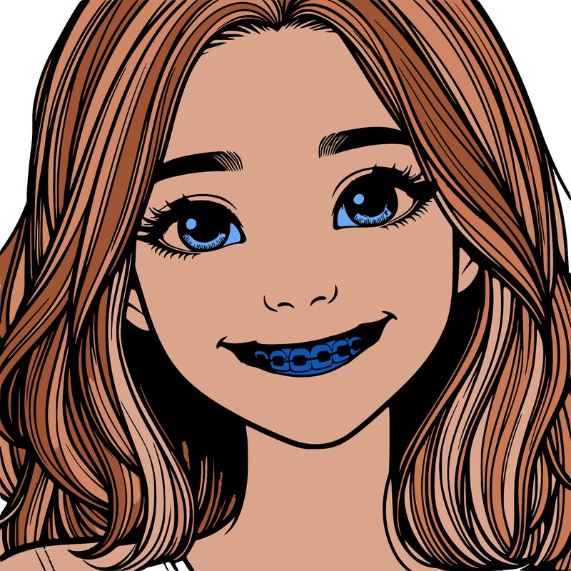 a girl with braces smiling with freckles realistic