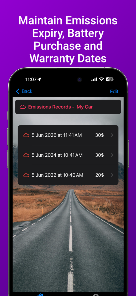 Interface of Car Log Diary app showing a list of vehicle emissions inspection records and their costs