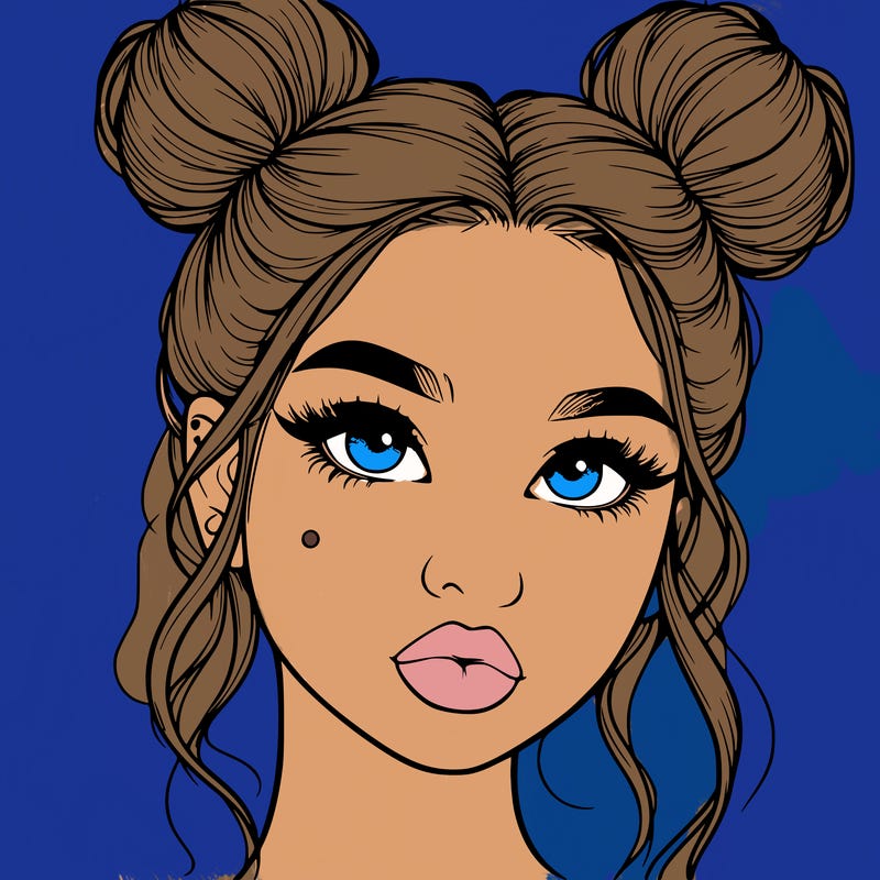 realistic girl with two buns on her hair and lips