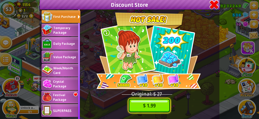 Fun Hospital - Tycoon is back - Una captura de pantalla del juego Fun Hospital que muestra una ventana emergente de tienda de descuentos con una oferta de venta especial de primera compra por 1,99 dólares.