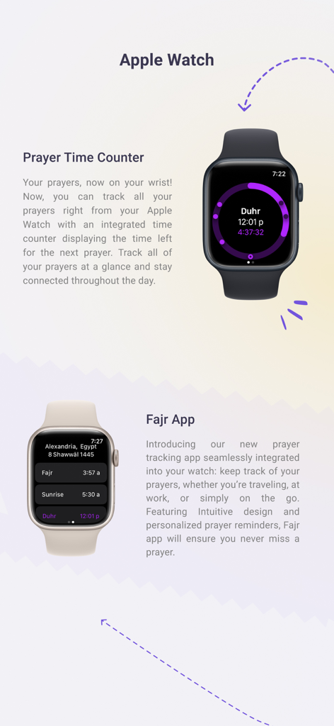 Fajr: Fajr Alarm, Prayer Times - Apple Watch上のFajrアプリのインターフェース。礼拝時間とカウントダウンタイマーが表示されています。