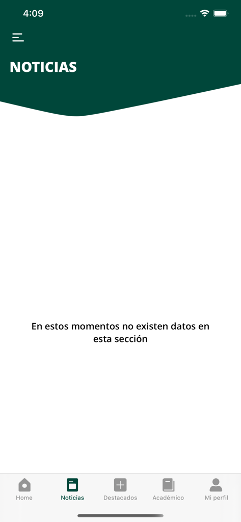 La sección de noticias de la app móvil UNED mostrando un estado vacío