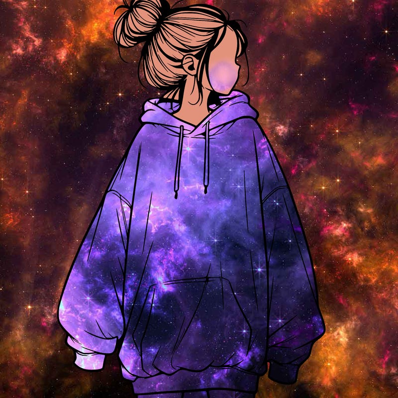 realistic girl with a oversized sweatshirt on and a bun