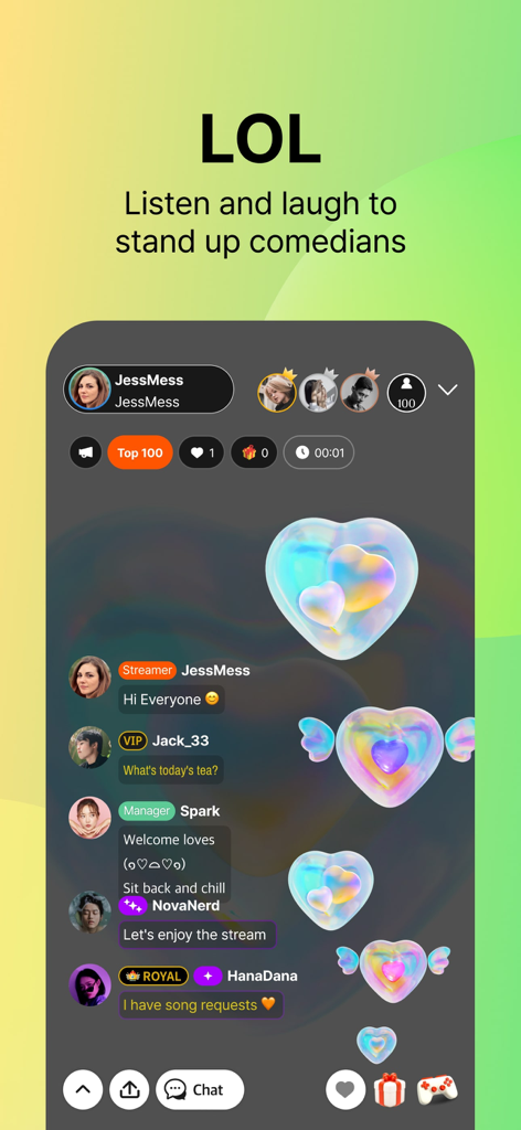 Interface of Spoon app showing a live comedy audio stream with interactive user chat and floating heart stickers.