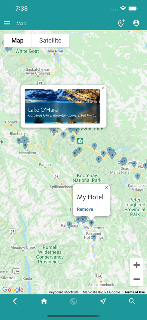 Banff & Canada's Rockies Guide - Interactive map of Banff and the Rockies showing curated points of interest and custom hotel markers