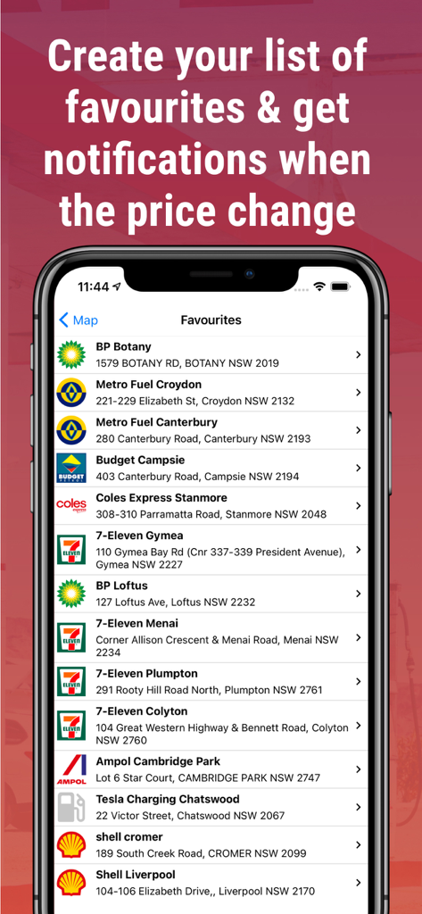Fuel Check NSW - Cheap Petrol - Fuel Check NSW app interface showing a list of favorite gas stations and notification alerts