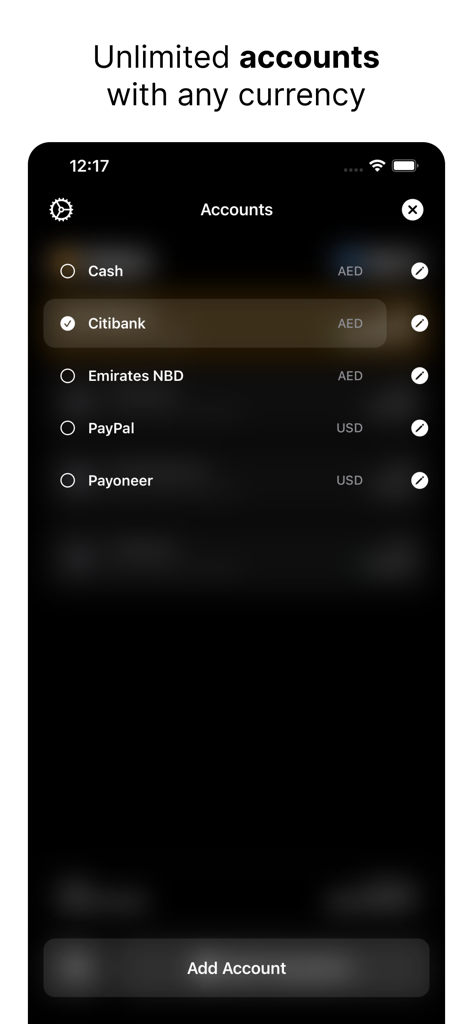 Spendy - Spendings reimagined - Spendy app showing a list of financial accounts with multiple currencies in a minimalist dark mode