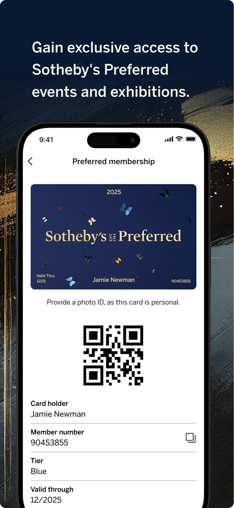 Sotheby's - 아이폰에 표시된 QR 코드가 포함된 소더비 프리퍼드 디지털 멤버십 카드