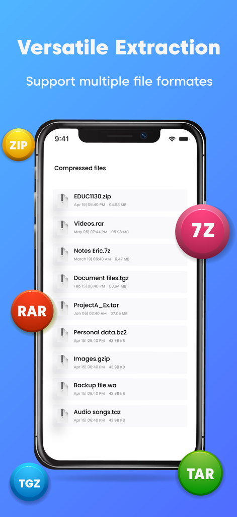 Mobile app interface of iZip Unzip Unrar Tool showing support for multiple file formats like ZIP RAR and 7Z
