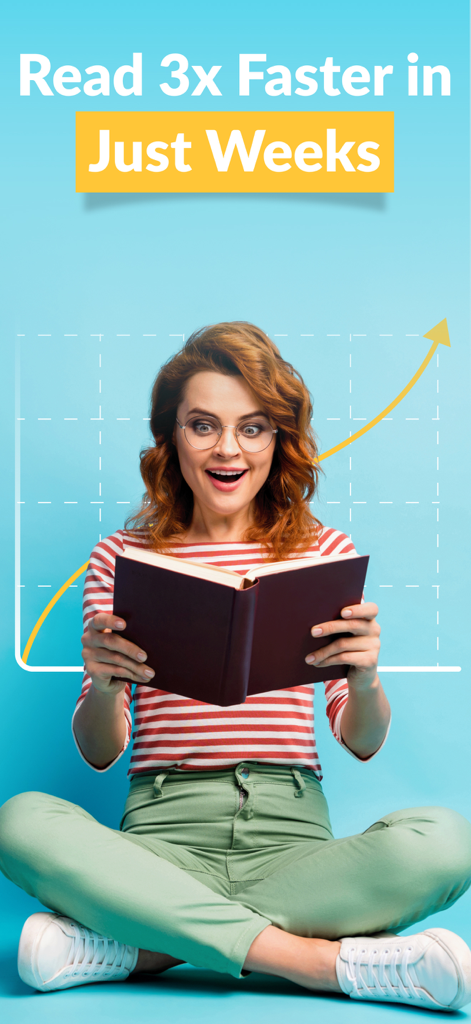 Speed Readingo: Read Faster - A woman reading a book with a graph showing 3x reading speed growth