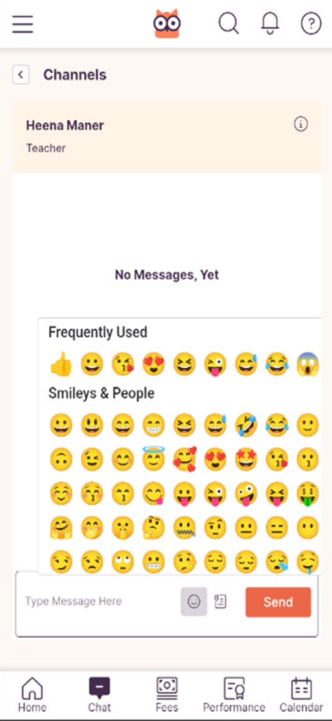 Loop Learning - The chat screen of the Loop Learning app showing a channel with a teacher and an open emoji selector.