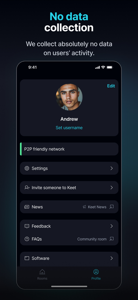 Keet Private Encrypted Chat의 프로필 화면에 사용자 설정과 데이터 수집 없음 메시지가 표시됨