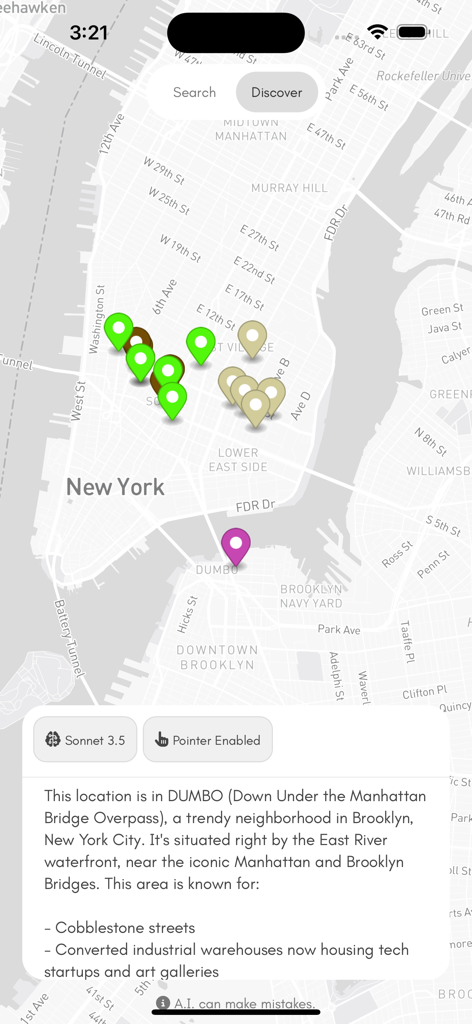 Smartmap - AI Map - Smartmap AI app interface displaying a map of New York City with detailed neighborhood descriptions