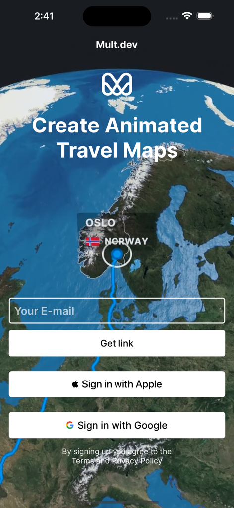 Login screen for Mult.dev Map Animations showing a map of Norway and sign in options