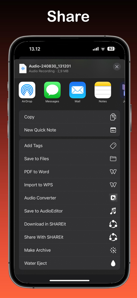 Menu di condivisione dell'iPhone che mostra le opzioni per condividere e salvare una registrazione audio dall'app Audio Booster.