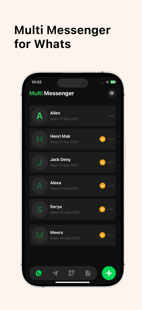 Multi Messenger : Whatify - A smartphone screenshot showing the dark mode contact list interface of the Multi Messenger Whatify app