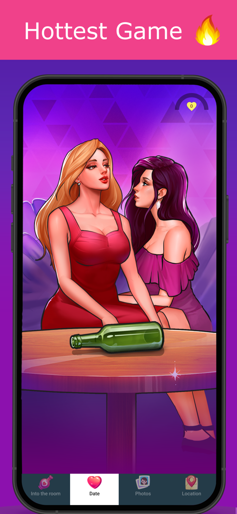Pantalla del juego móvil Kiss Kiss que muestra a dos mujeres en una mesa para un juego de girar la botella.