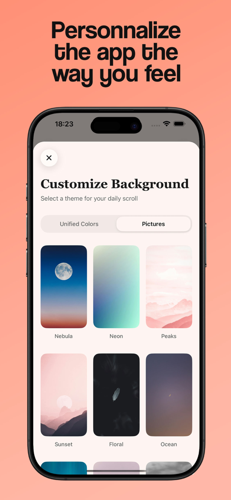 Mobile screen showing background customization options for the Verity app with aesthetic theme selections like Nebula and Sunset