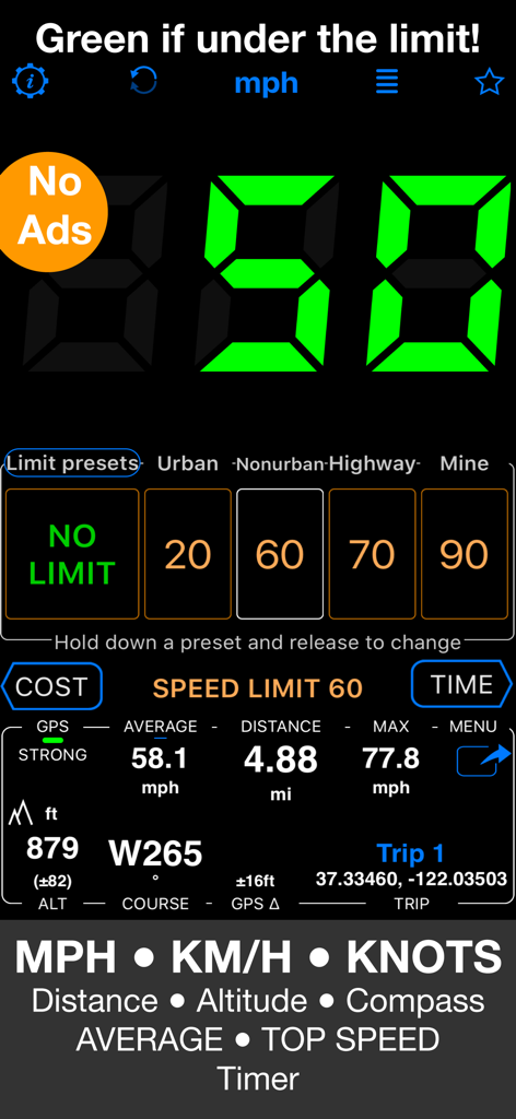 Speedometer 55 app interface showing digital speed limit presets and GPS travel data