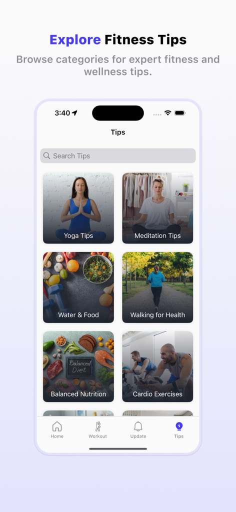 Step Tracker - Walk Watch - Una pantalla en la aplicación Step Tracker que muestra varias categorías de fitness y bienestar como yoga, meditación y nutrición equilibrada.