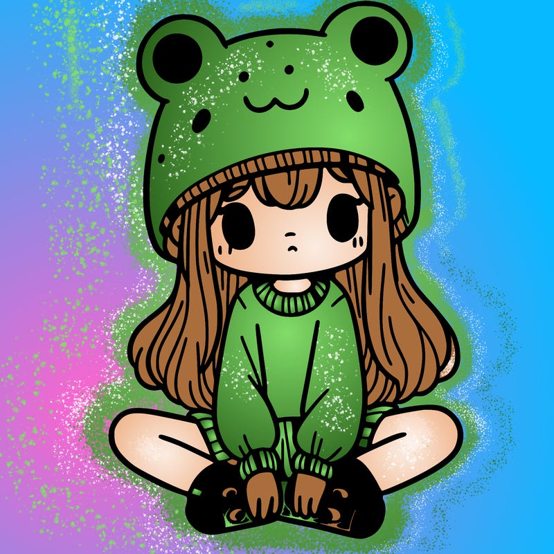 a girl wearing a frog hat and some frog socks