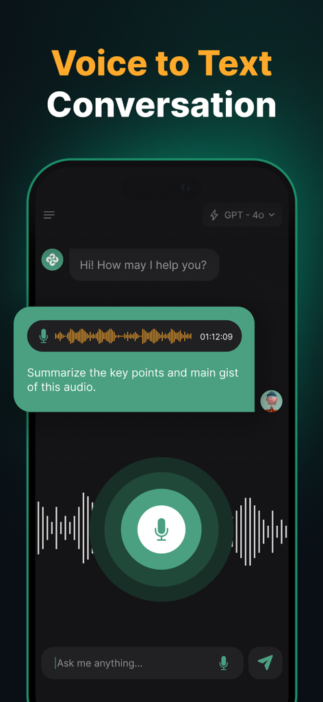 Un écran mobile montrant la fonction de conversation voix-texte d'un assistant IA résumant des notes audio à l'aide de GPT-4o.