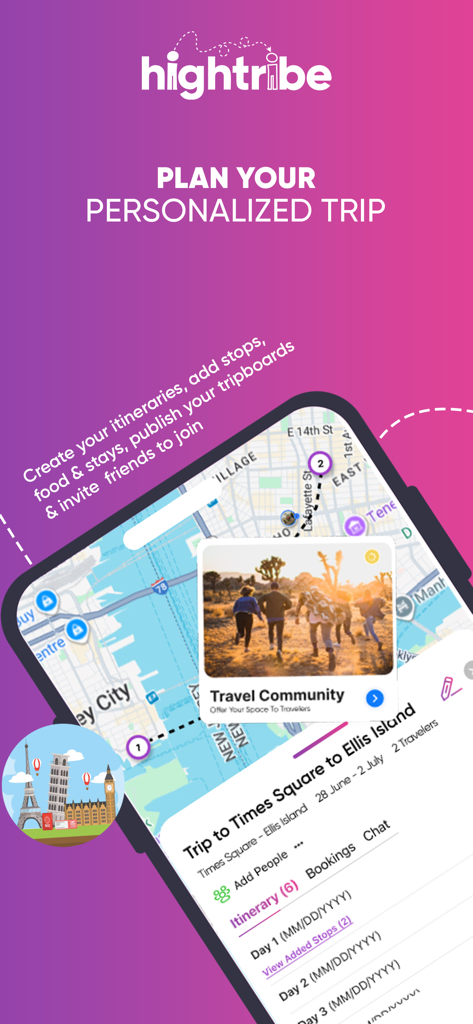 Hightribe: Social Travel App - Interfaz de la aplicación móvil de Hightribe mostrando un itinerario de viaje personalizado con un mapa y funciones de comunidad social.