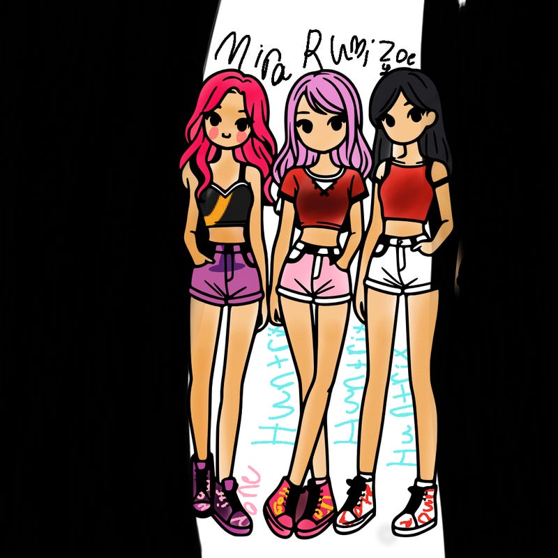 a group of girls wearing crop tops and shorts