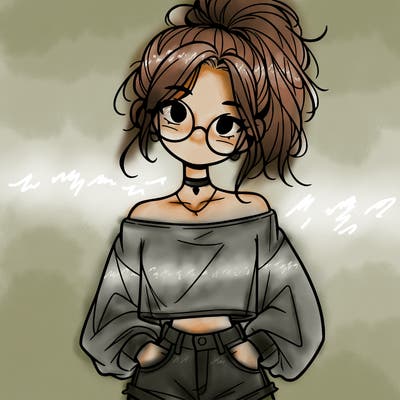 girl with a messy ponytail glasses a baggy crop top and jean shorts