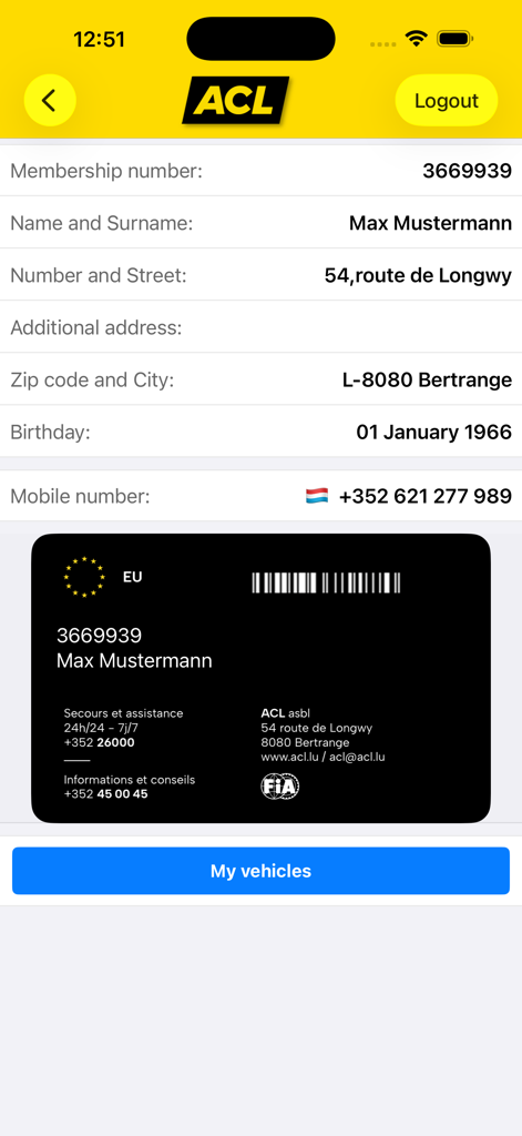 ACL App - Tela exibindo o cartão de membro digital do ACL e os detalhes do perfil do usuário