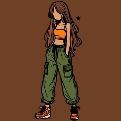girl in baggy pants crop top and long hair