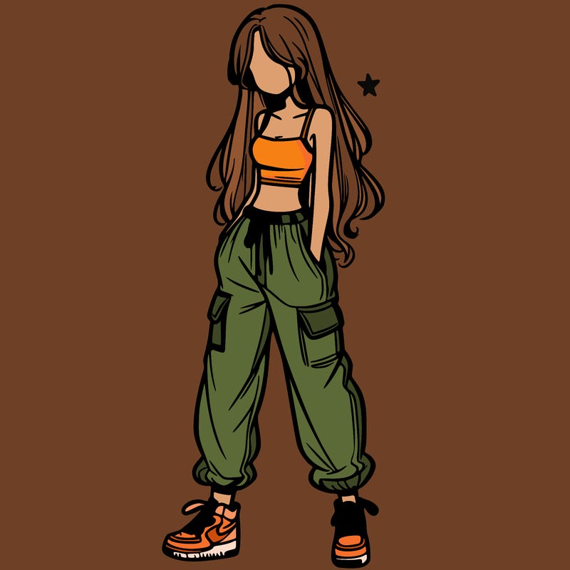 girl in baggy pants crop top and long hair