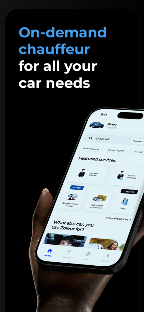 Zofeur - Hire a Safe Driver. - Zofeur app home screen showing on-demand chauffeur and car maintenance services