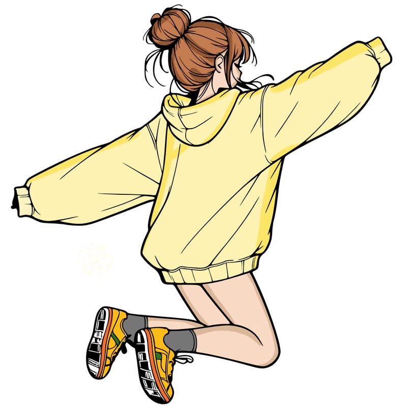 realistic girl jumping with a bun and oversized sweatshirt