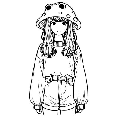 a realistic girl with a frog hat and baggy mushroom shirt