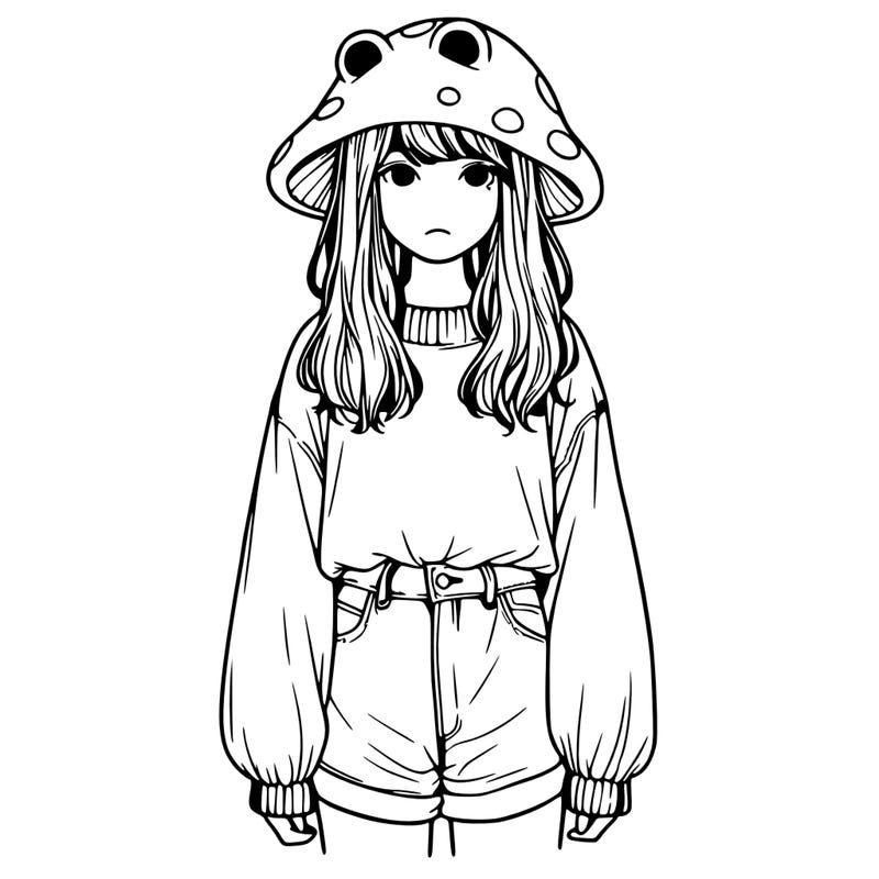 a realistic girl with a frog hat and baggy mushroom shirt